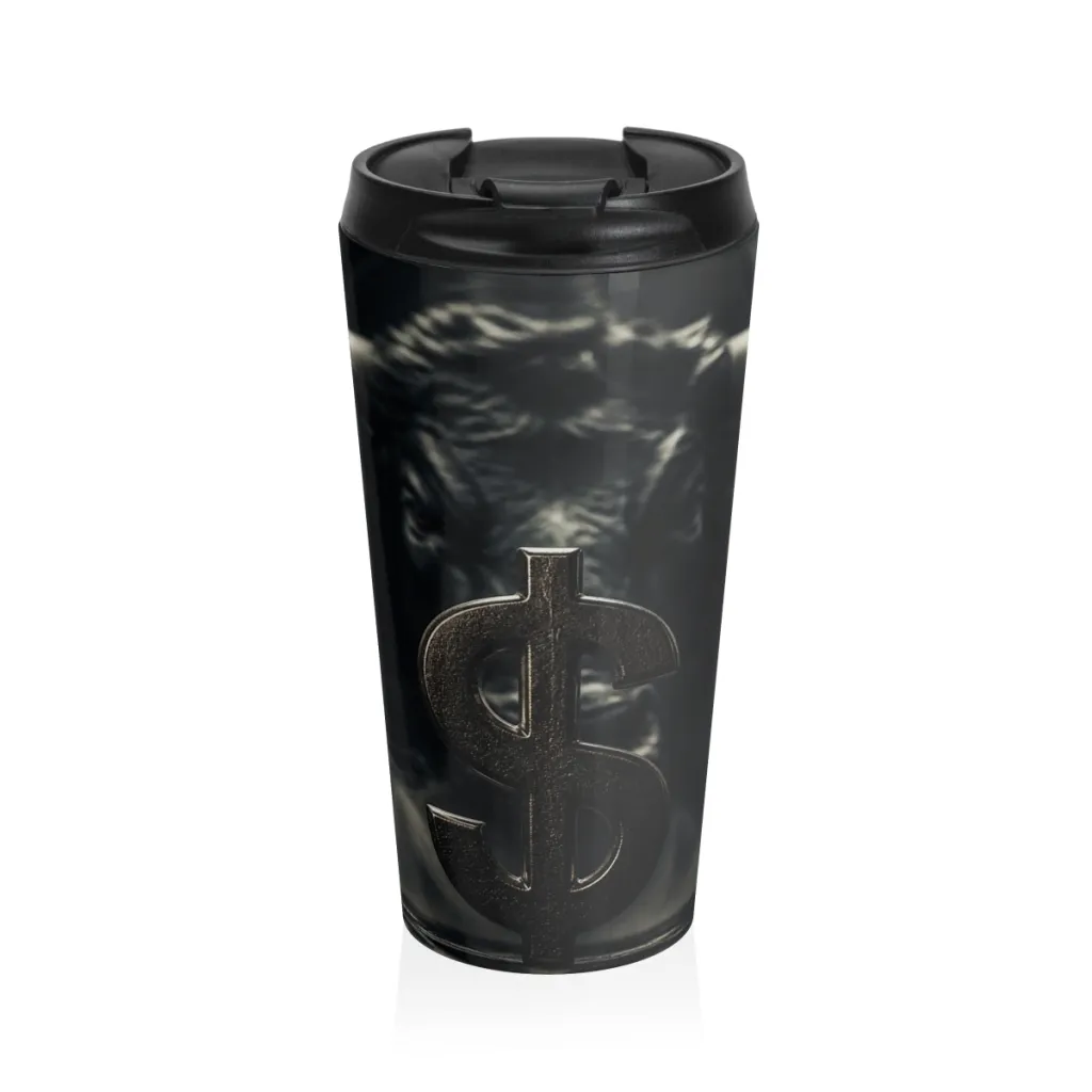 Stainless steel travel mug showing a heavy silver coin with the ghostly shape of a golden bull behind it