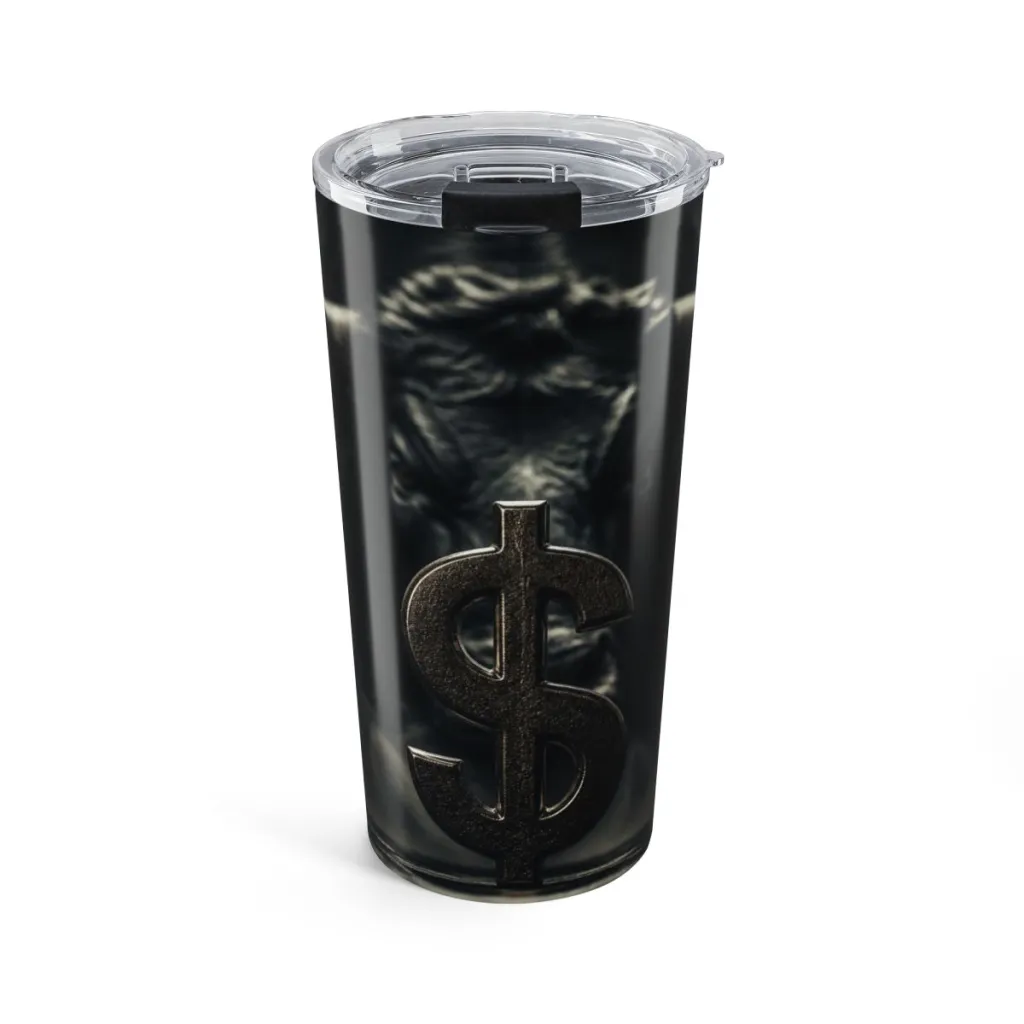 20oz stainless tumbler with a silver dollar in front of a golden bull waiting in the shadows