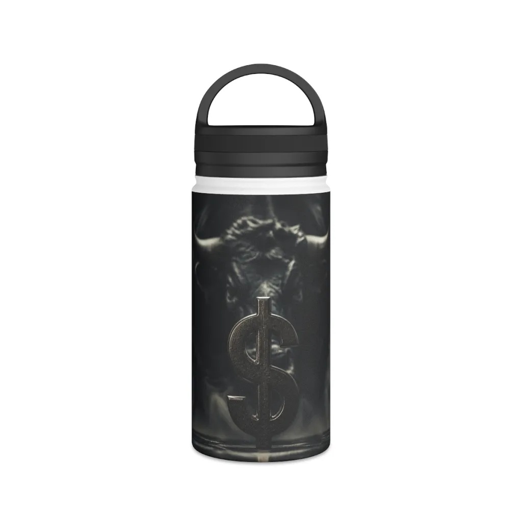 Stainless steel water bottle with handle lid, showing a silver dollar and a golden bull rising in the dark