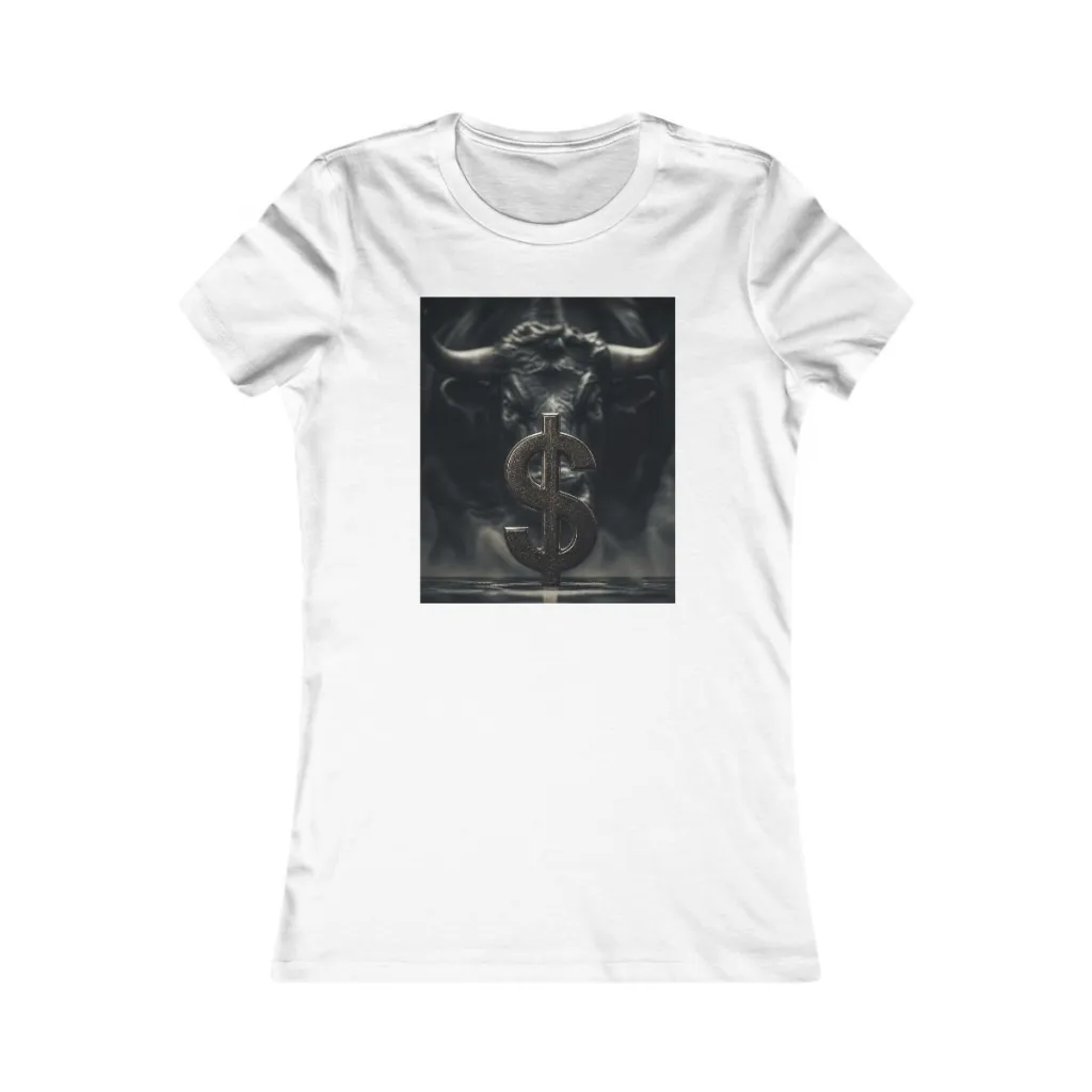 Women’s fitted tee featuring a silver dollar coin against a dark backdrop with a golden bull behind it